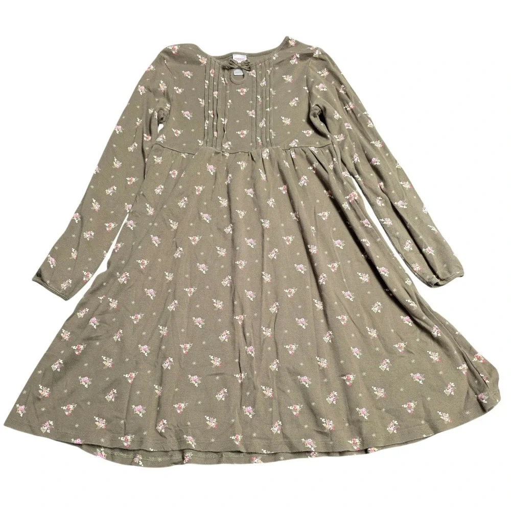 Gymboree Floral Pintuck Long Sleeve‎ Cotton Dress Girl's Size 10 Olive Green